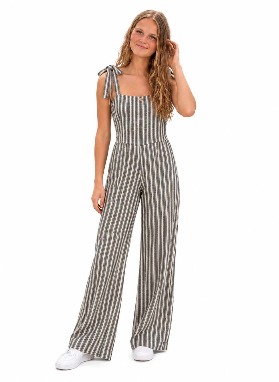 Rip Curl Striped Jumpsuit Size XS Black White Tie Strap Wide Leg